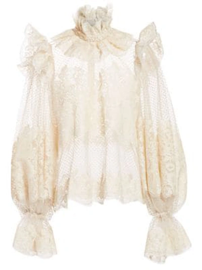 Shop Zimmermann Eye Spy Lace Puff-sleeve Victorian Blouse In Buff