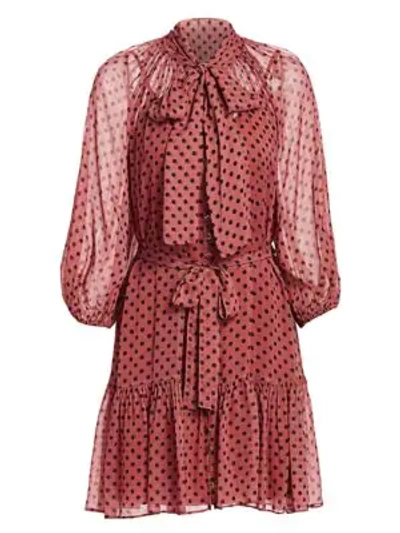 Shop Zimmermann Eye Spy Polka Dot Silk Tieneck Puff-sleeve Mini Dress In Rosewood Dot
