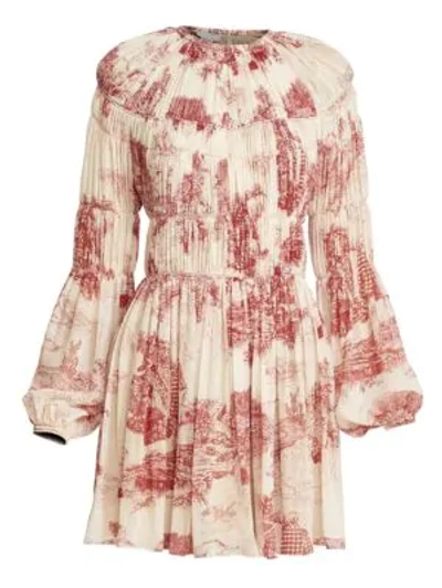 Shop Chloé Toile De Jouy Gathered Silk Dress In Light Red