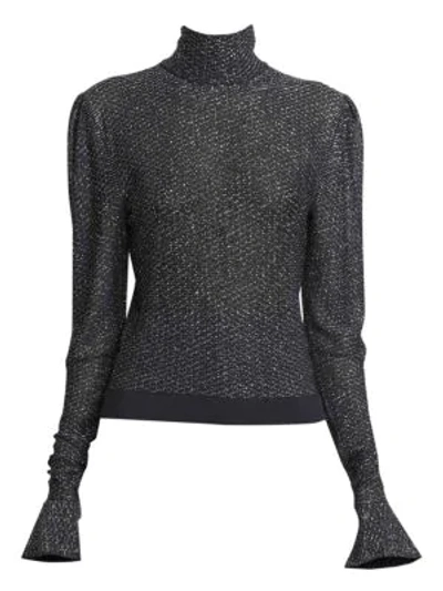 Shop Chloé Metallic Lurex Knit Turtleneck Sweater In Navy