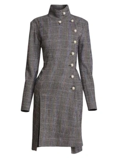 Shop Chloé Stretch Wool Check High Neck Trench Coat In Grey