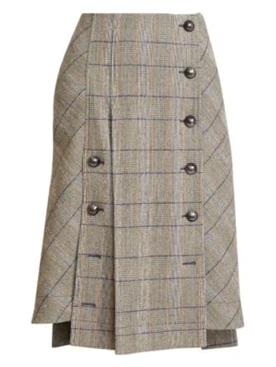 Shop Chloé Stretch Wool-blend Check Pleated A-line Skirt In Boyish Khaki