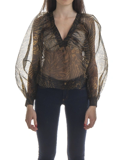 Shop Ganni Printed Organza Shirt In Tiger