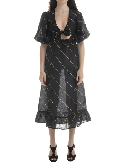 Shop Ganni Silk Linen Dress In Black