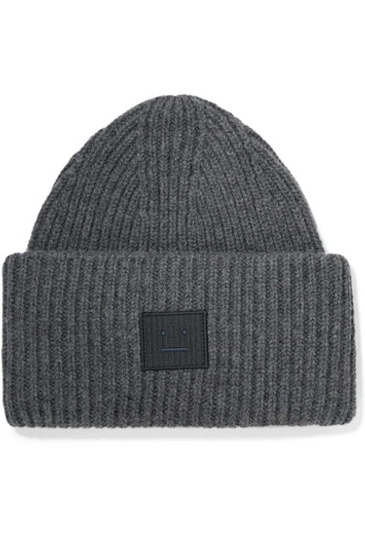 Shop Acne Studios Pansy Face Appliquéd Ribbed Wool Beanie In Dark Gray