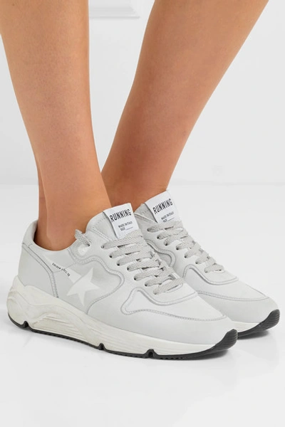 Shop Golden Goose Running Sole Distressed Leather Sneakers In Light Gray