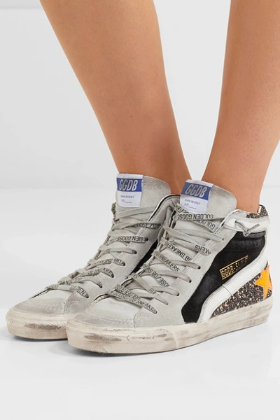 Shop Golden Goose Slide Distressed Glittered Leather And Suede Sneakers In Black