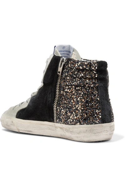 Shop Golden Goose Slide Distressed Glittered Leather And Suede Sneakers In Black