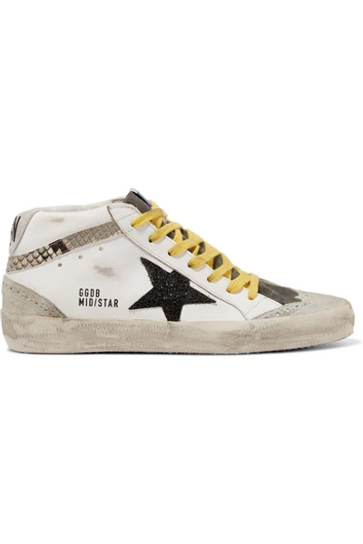 Shop Golden Goose Mid Star Distressed Glittered And Snake-effect Leather And Suede Sneakers In White