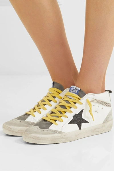 Shop Golden Goose Mid Star Distressed Glittered And Snake-effect Leather And Suede Sneakers In White