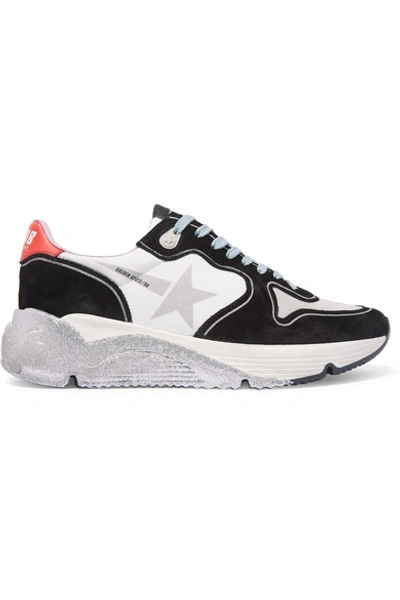 Shop Golden Goose Running Sole Distressed Glittered Leather, Suede And Mesh Sneakers In White