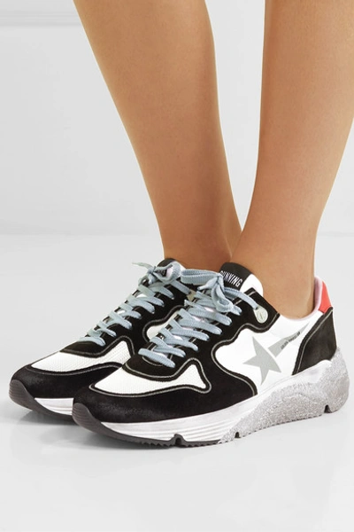 Shop Golden Goose Running Sole Distressed Glittered Leather, Suede And Mesh Sneakers In White