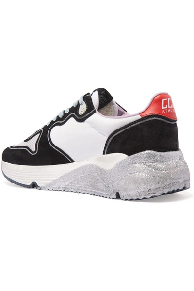 Shop Golden Goose Running Sole Distressed Glittered Leather, Suede And Mesh Sneakers In White