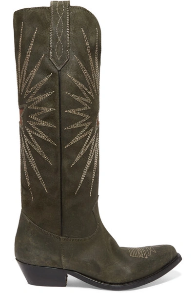 Shop Golden Goose Wish Star Embroidered Suede Boots In Green