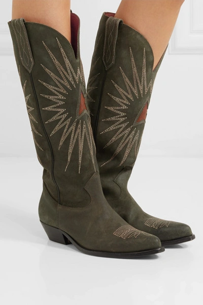 Shop Golden Goose Wish Star Embroidered Suede Boots In Green
