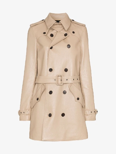 Shop Saint Laurent Double-breasted Leather Trench Coat In Neutrals