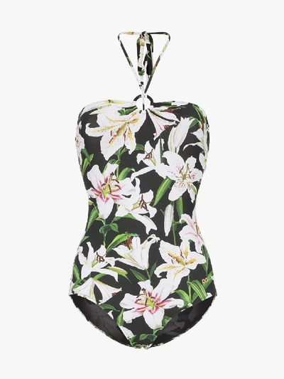 Shop Dolce & Gabbana Lily Print Halterneck Swimsuit In Black