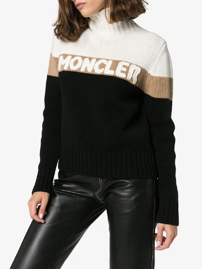 Shop Moncler Intarsia Logo Turtleneck Sweater In Black