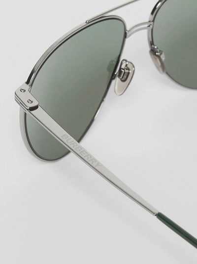 Shop Burberry Top Bar Detail Pilot Sunglasses In Gunmetal/dark Green