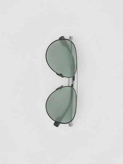 Shop Burberry Top Bar Detail Pilot Sunglasses In Gunmetal/dark Green