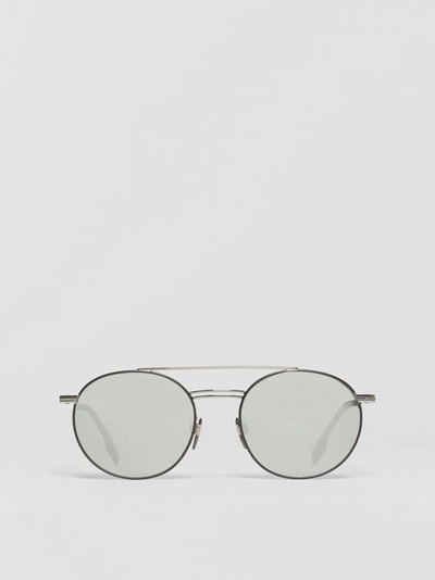 Shop Burberry Top Bar Detail Round Frame Sunglasses In Gunmetal Grey