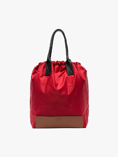 Shop Marni Red Drawstring Nylon And Leather Tote Bag