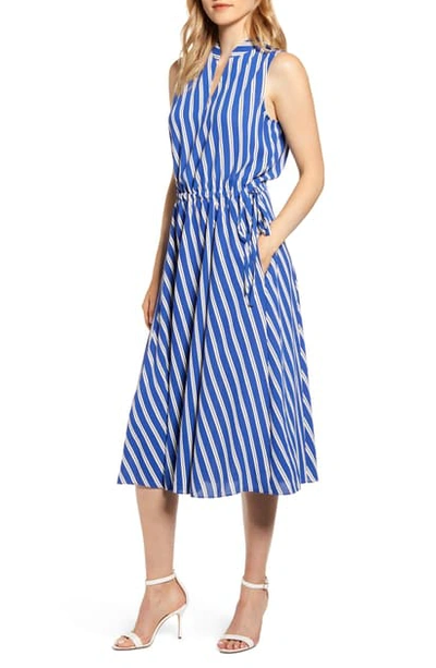 Shop Anne Klein Bias Stripe Drawstring Midi Dress In Cezanne Blue/ Anne White Combo