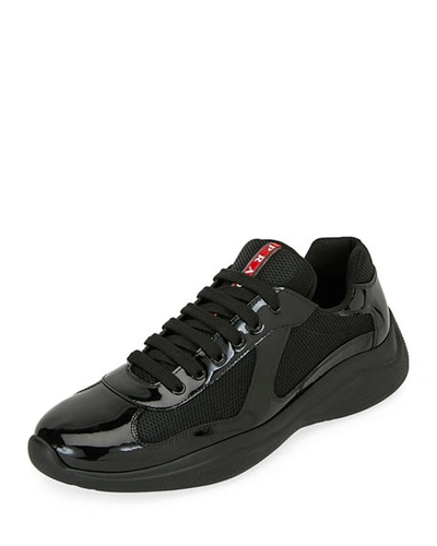 Shop Prada Men's America's Cup Patent Leather Patchwork Sneakers In Black