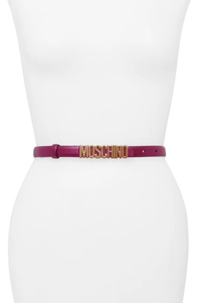Shop Moschino Logo Skinny Leather Belt In Violet W/ Gold
