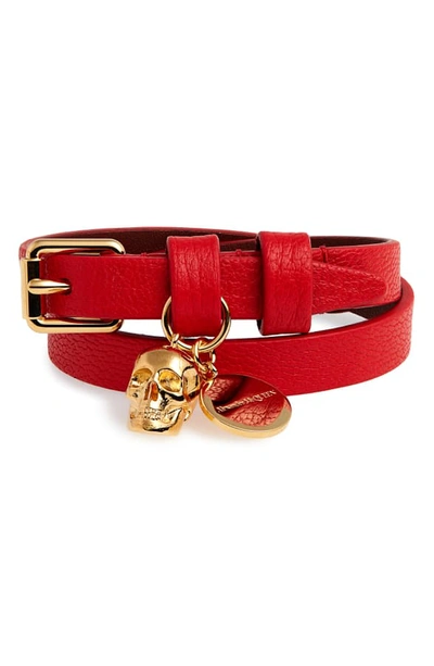 Shop Alexander Mcqueen Skull Charm Leather Wrap Bracelet In Red/ Gold
