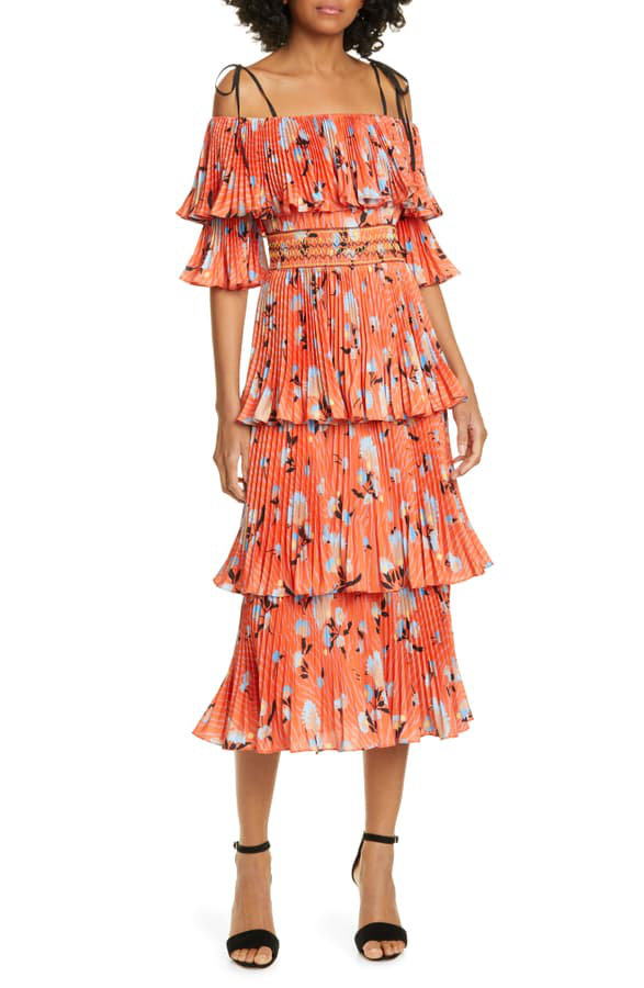 Self Portrait Floral Print Pleated Tiered Midi Dress In Red Modesens