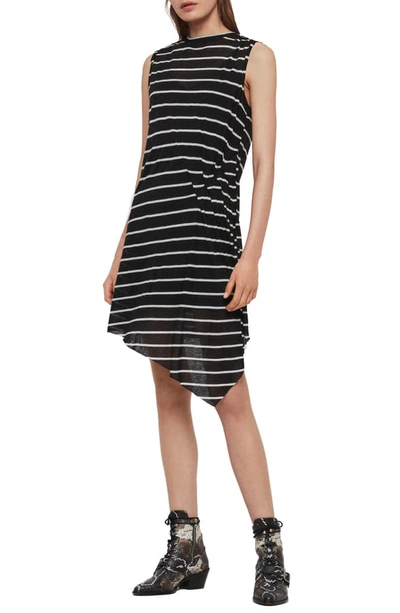 Shop Allsaints Duma Stripe Asymmetrical T-shirt Dress In Black/ Chalk White