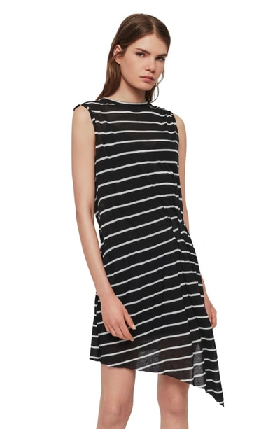 Shop Allsaints Duma Stripe Asymmetrical T-shirt Dress In Black/ Chalk White