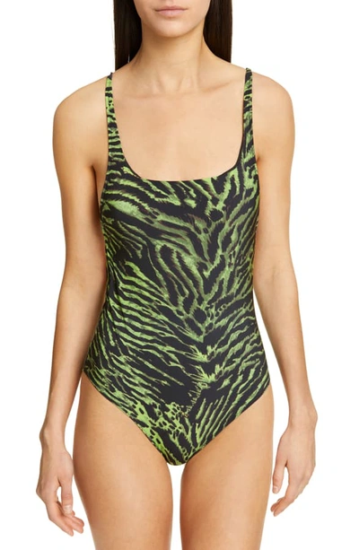 Shop Ganni Tiger Print One-piece Swimsuit In Lime Tiger