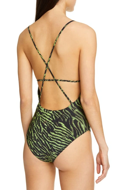 Shop Ganni Tiger Print One-piece Swimsuit In Lime Tiger
