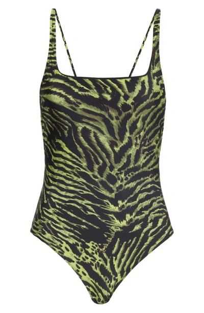 Shop Ganni Tiger Print One-piece Swimsuit In Lime Tiger