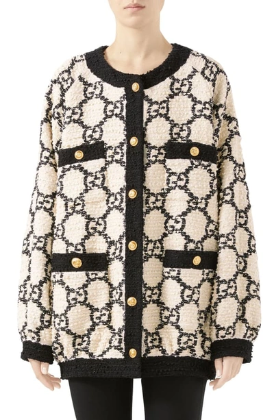 Shop Gucci Gg Tweed Drape Back Jacket In White/ Black