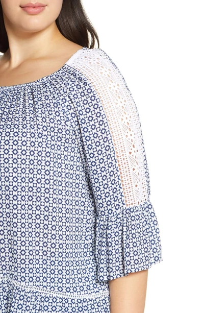 Shop Single Thread Crochet Detail Ruffle Hem Top In Blue Depths Geometry