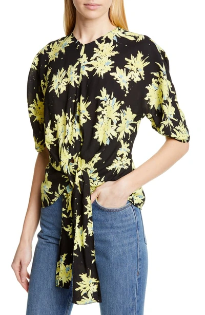 Shop Proenza Schouler Floral Tie Front Silk & Cashmere Blend Top In Yellow/ Black
