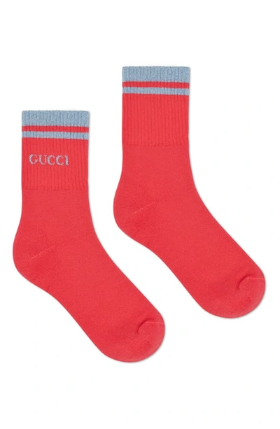 Shop Gucci Metallic Logo Crew Socks In Fuxia/ Sky Blue