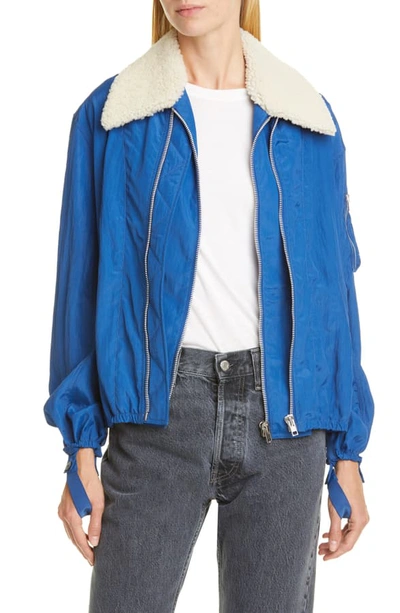 Shop Helmut Lang Sheer Bomber Jacket With Removable Genuine Shearling Collar In Cobalt