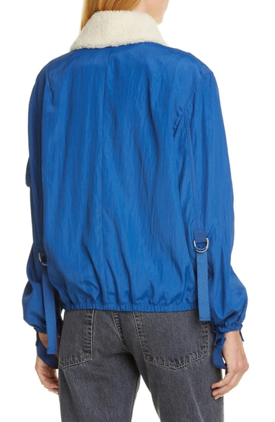 Shop Helmut Lang Sheer Bomber Jacket With Removable Genuine Shearling Collar In Cobalt