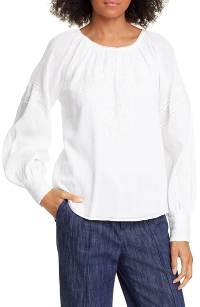 Shop Joie Mitney Embroidered Detail Cotton Blouse In Porcelain