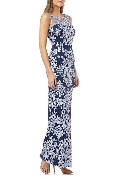 Shop Js Collections Leaf Embroidered Gown In Periwinkle Navy