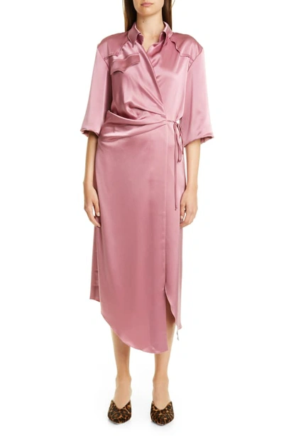 Shop Nanushka Lais Satin Midi Wrap Dress In Rose