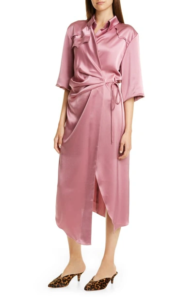 Shop Nanushka Lais Satin Midi Wrap Dress In Rose