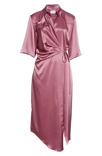 Shop Nanushka Lais Satin Midi Wrap Dress In Rose