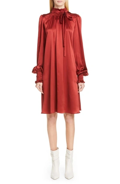 Shop Adam Lippes Silk Charmeuse Long Sleeve Dress In Rust