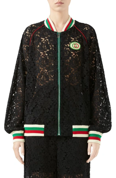 Shop Gucci Interlocking-g Patch Lace Bomber Jacket In Black/ Mix