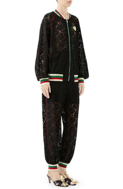 Shop Gucci Interlocking-g Patch Lace Bomber Jacket In Black/ Mix